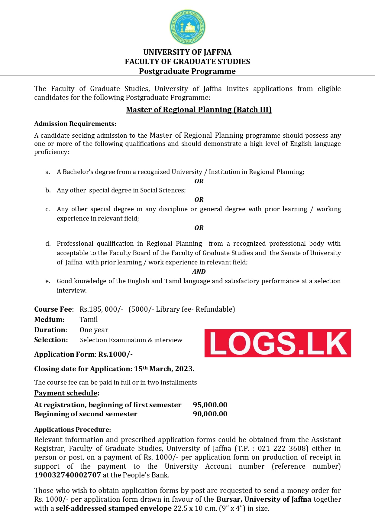 Master of Regional Planning 2023 - University of Jaffna Application Form, Details Download