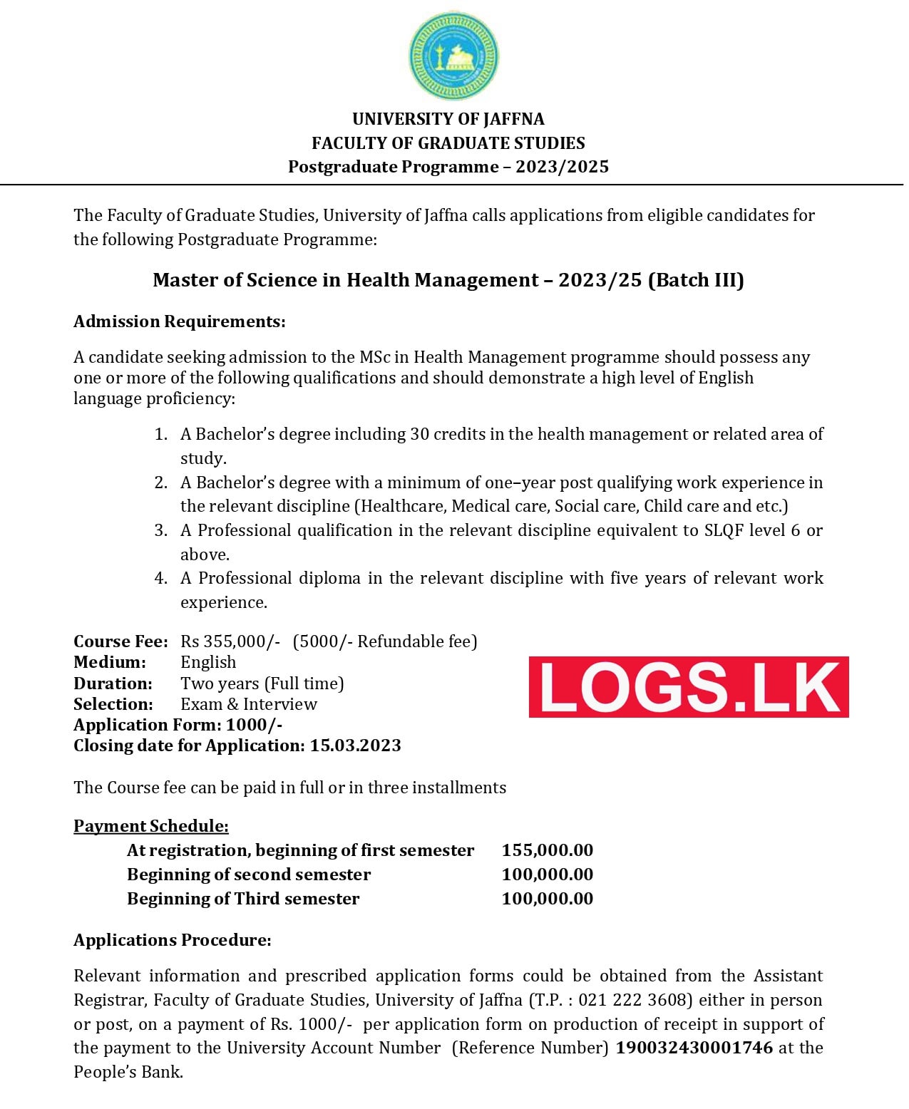 Master of Science in Health Management 2023 University of Jaffna Courses Application Form, Details Download