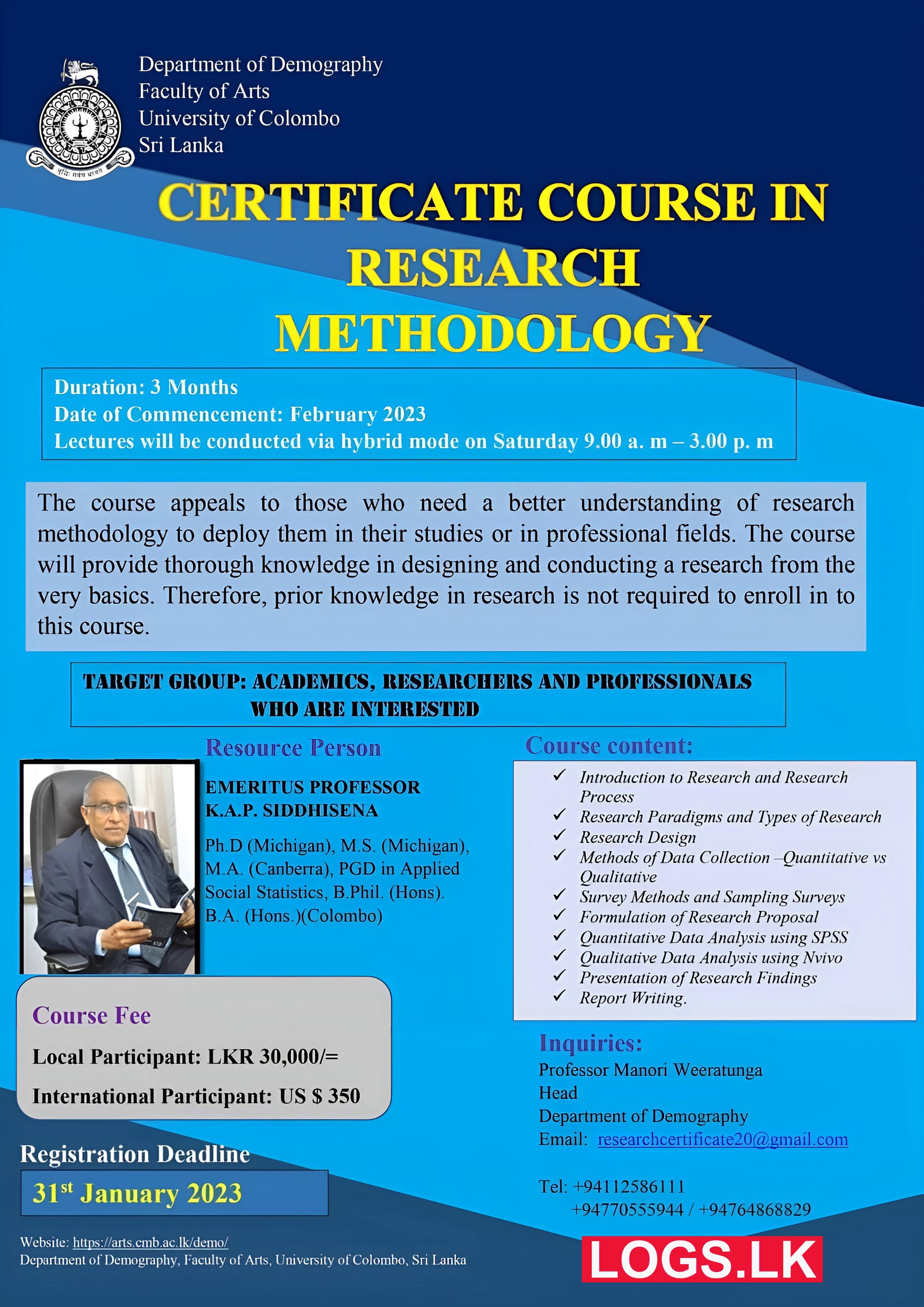 Certificate Course in Research Methodology 2023 - University of Colombo Courses 2023 Application Form, Details Download