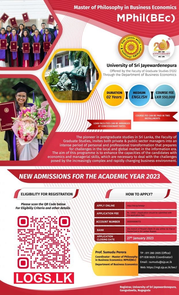 Master of Philosophy in Business Economics (MPhil(BEc) 2023 University of Sri Jayewardenepura Courses Application Form Download