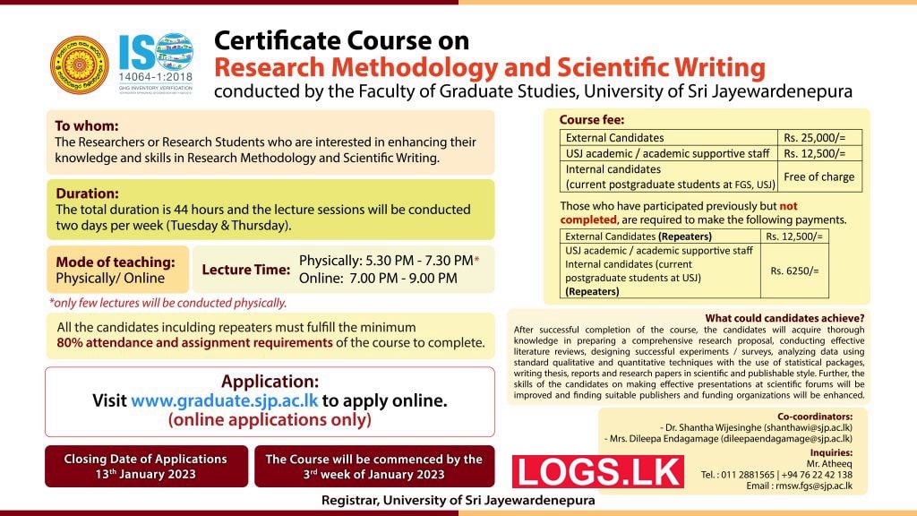 Research Methodology & Scientific Writing Certificate Course 2023 - University of Sri Jayewardenepura Courses Application Form, Details Download