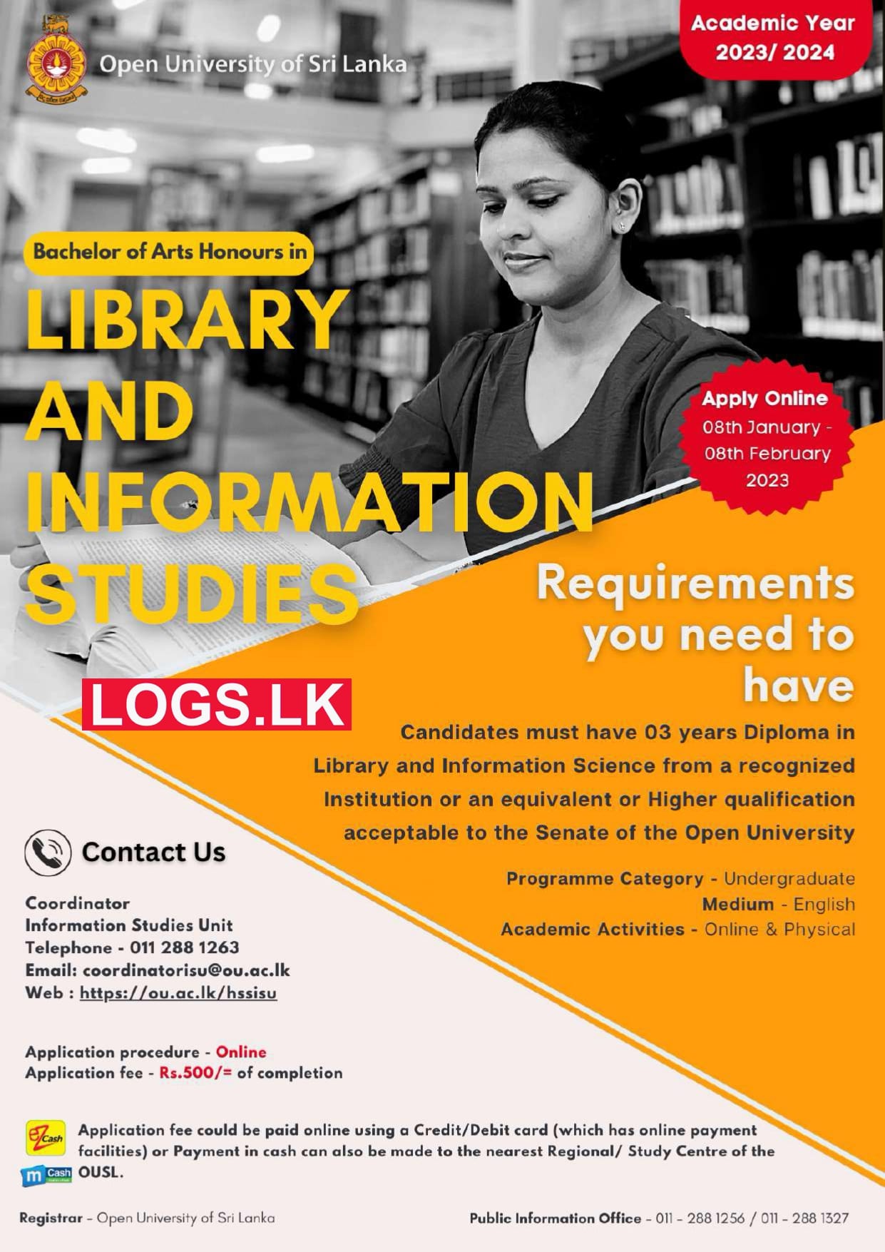 Bachelor of Arts Honors in Library and Information Studies 2023 The Open University of Sri Lanka Degree Application Form, Details Download