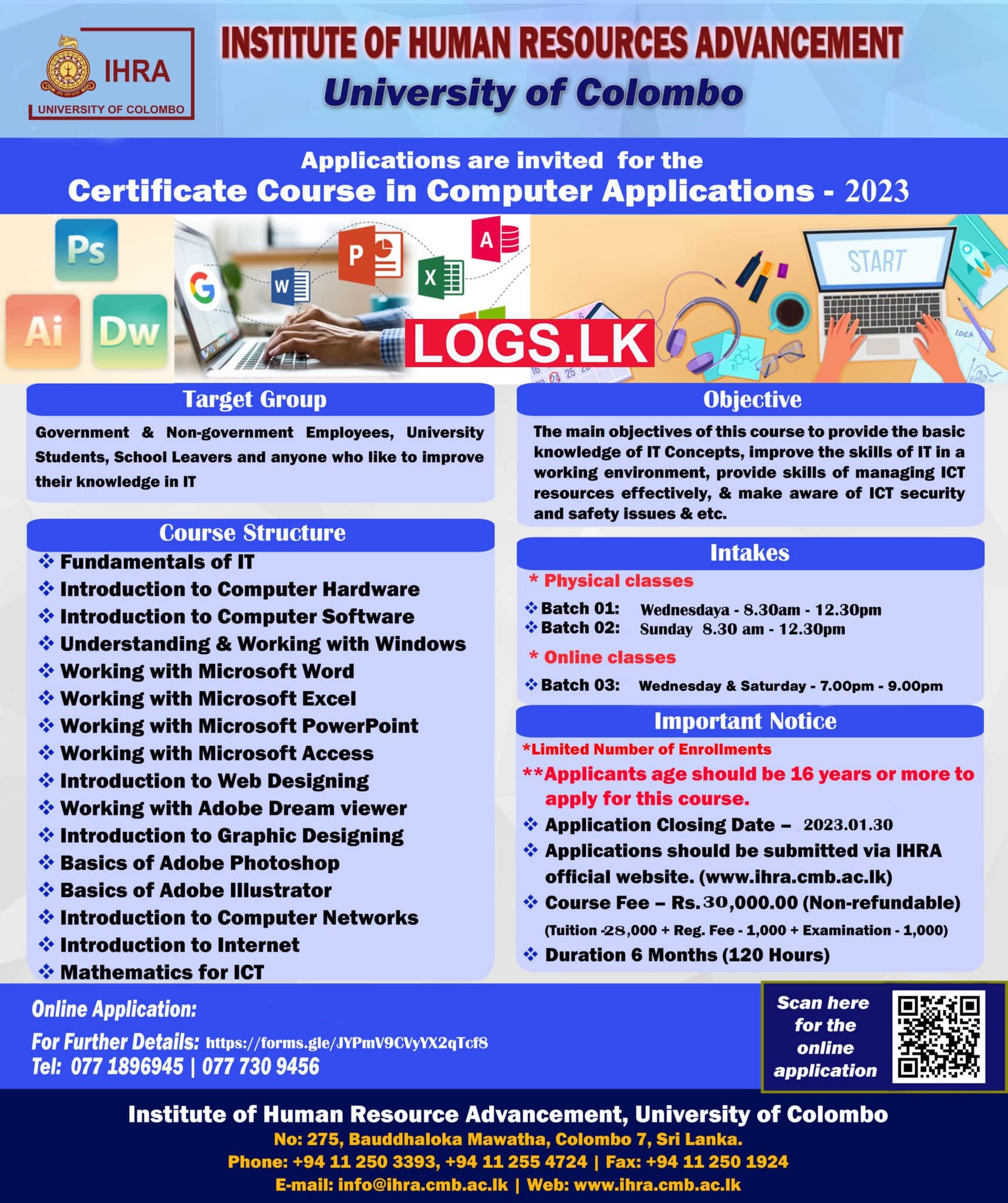 Certificate Course in Computer Applications 2023 University of Colombo Institute of Human Resource CCCA Course Application Form, Details Download