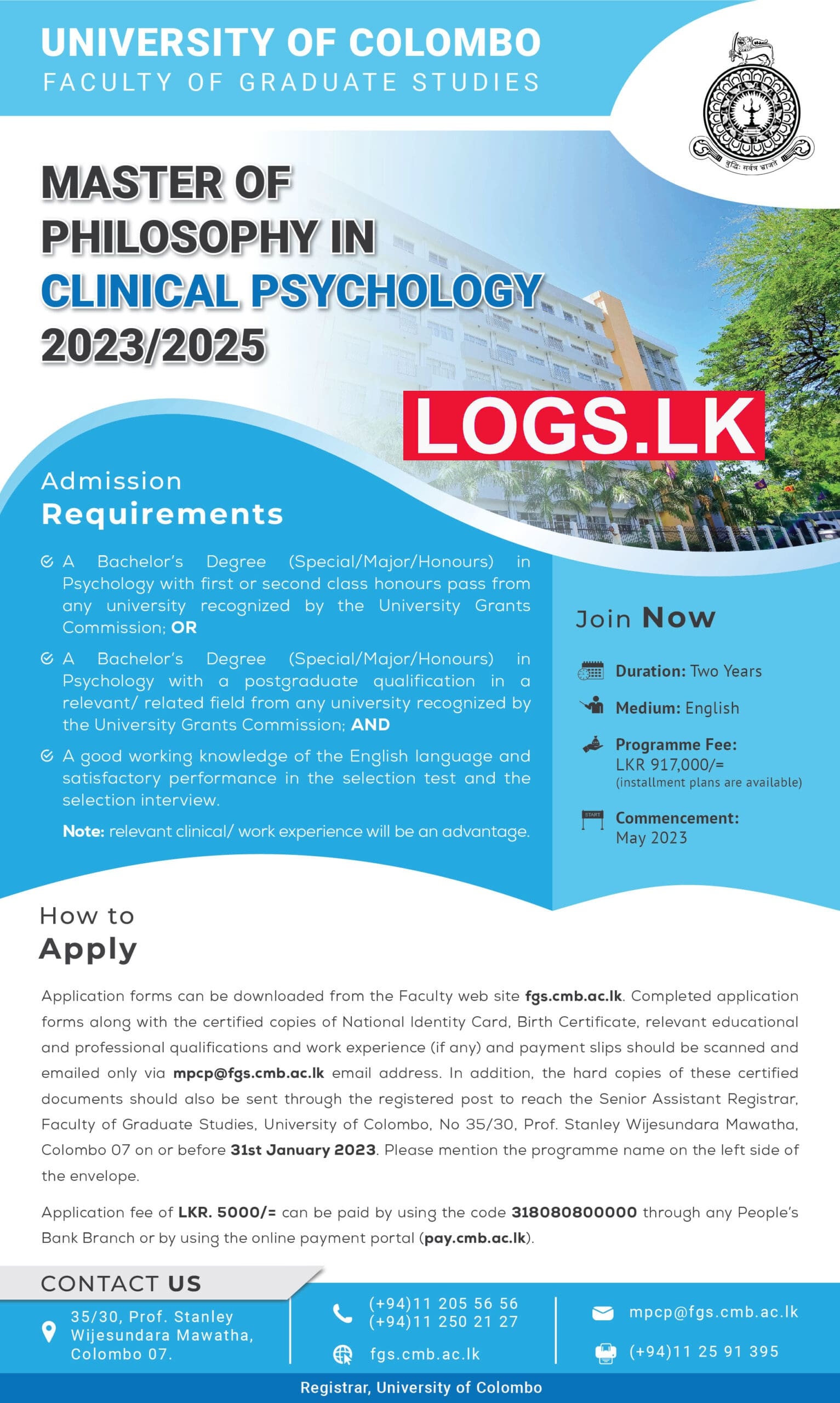 Master of Philosophy in Clinical Psychology 2023/2025 Faculty of Graduate Studies, University of Colombo Application Form, Details Download