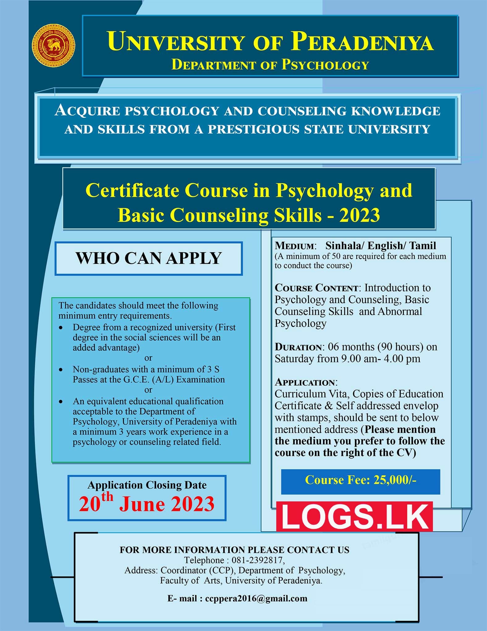 Certificate Course in Psychology & Basic Counseling Skills 2023 - University of Peradeniya Application Form, Details Download