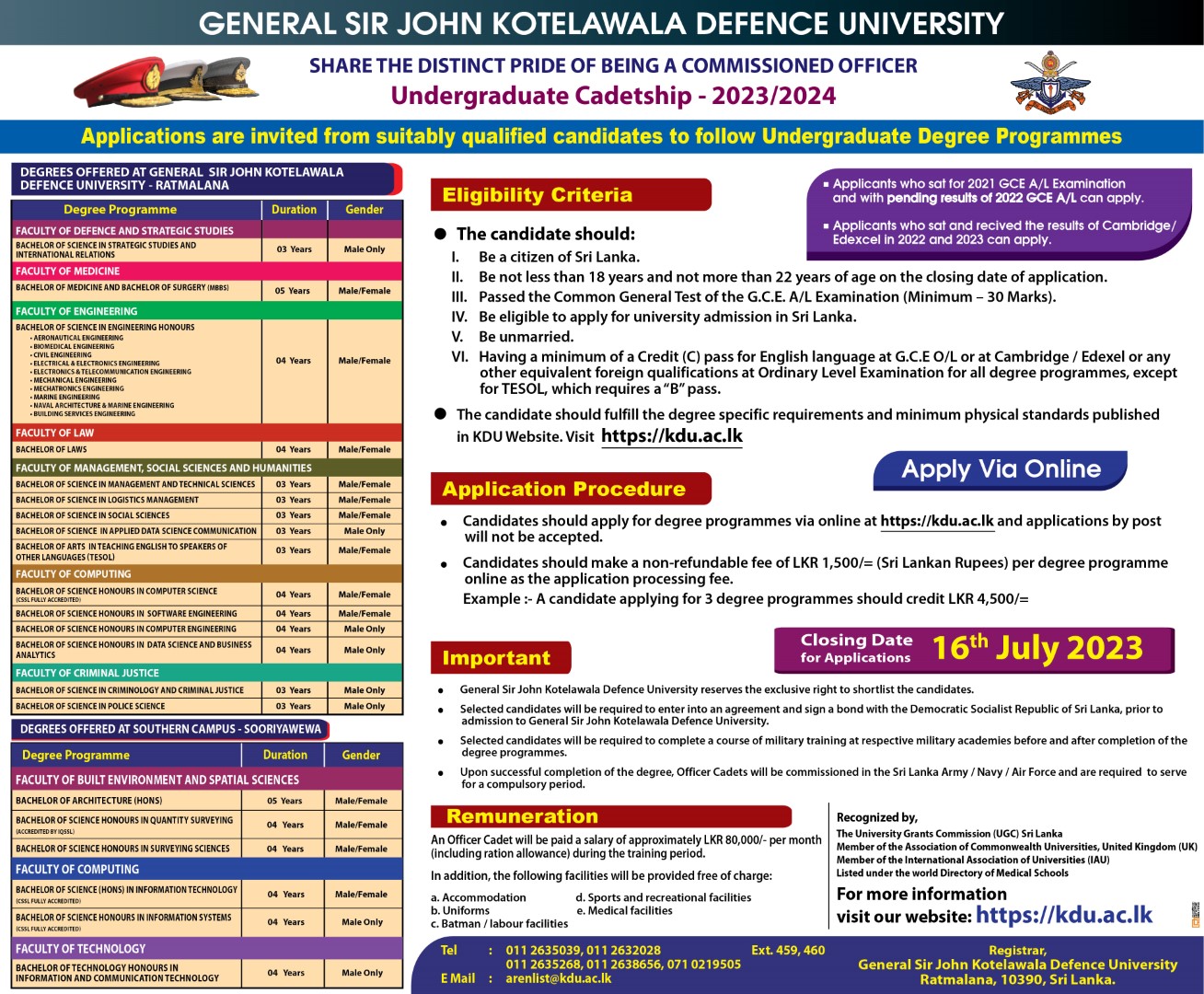 Kotelawala Defence University Degree Admission 2023 (KDU) Application Form