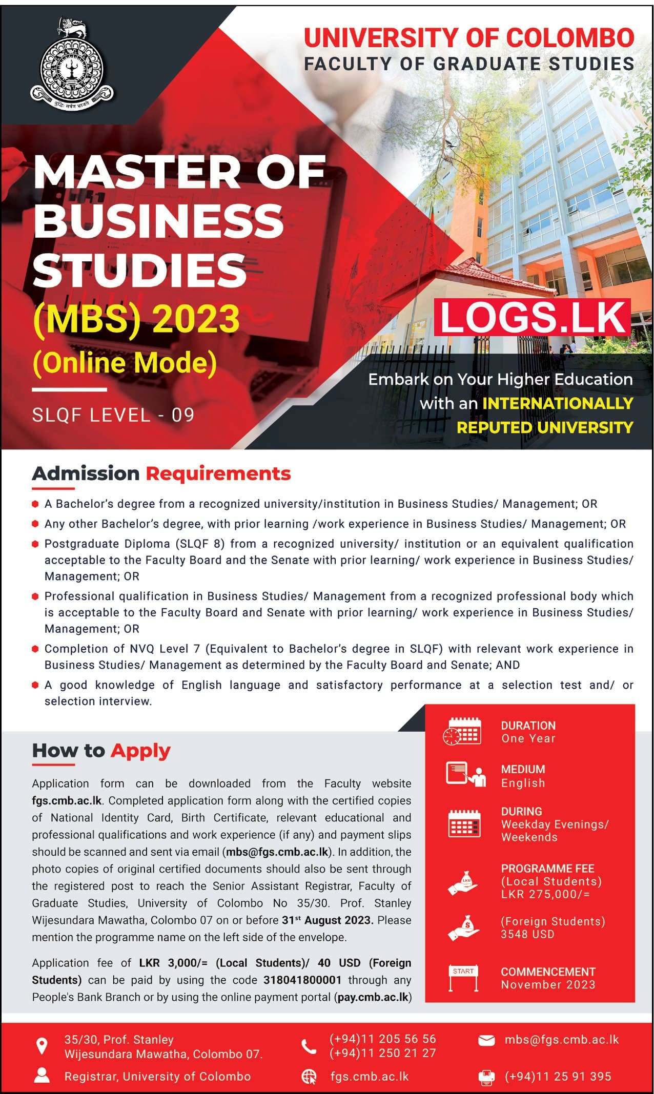 Master of Business Studies (MBS) 2023 - University Of Colombo Degree Application Form, Details Download