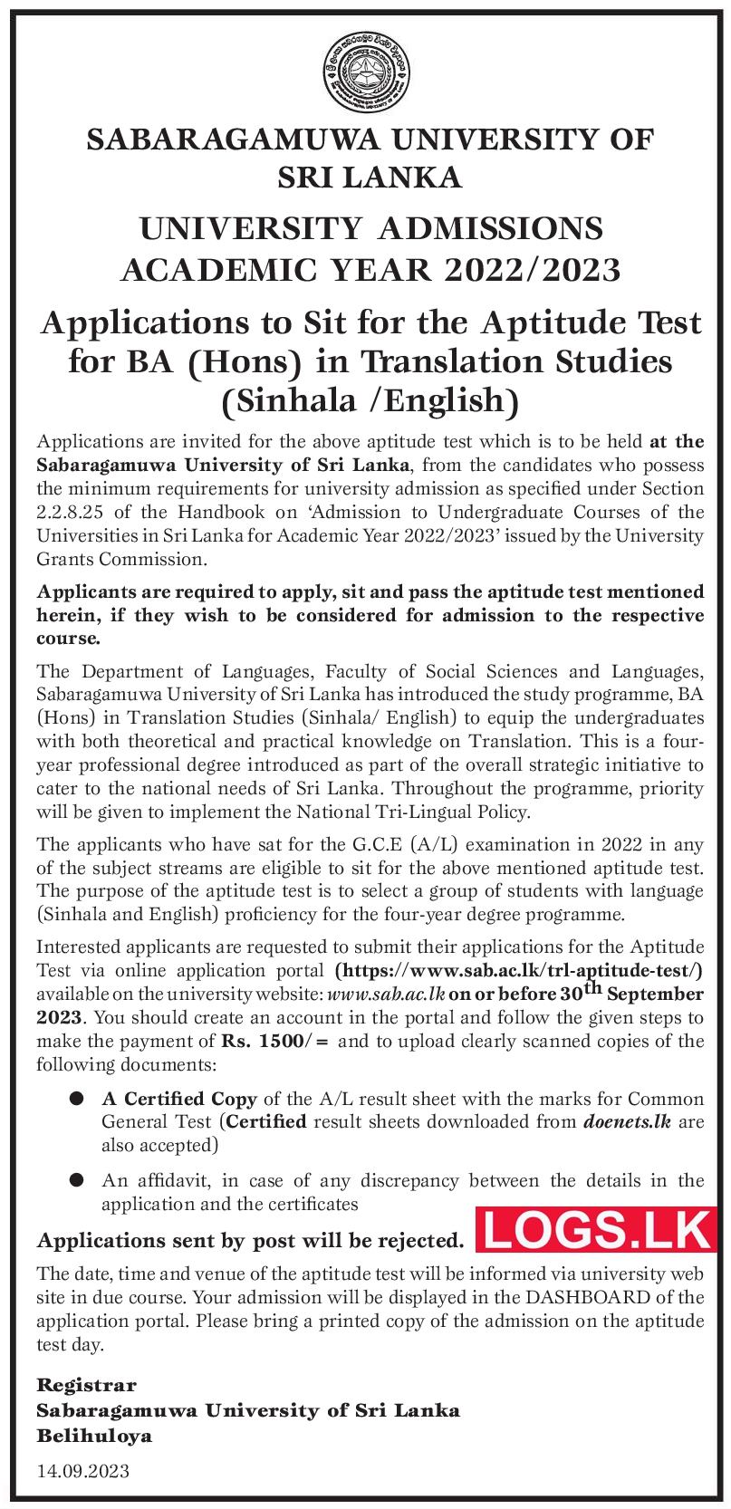 Applications to Sit for the Aptitude Test for BA (Hons) in Translation Studies 2023 (Sinhala / English) - Sabaragamuwa University Apply Online