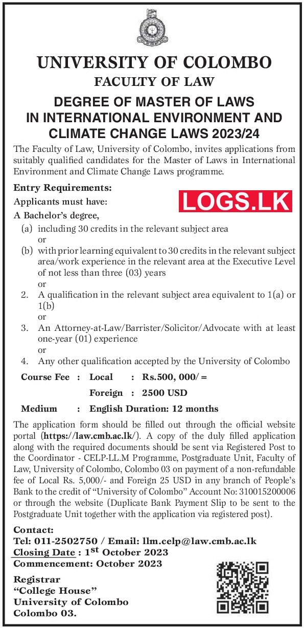 Master of Laws in International Environment and Climate Change Law Degree 2023 Application Form, Details Download