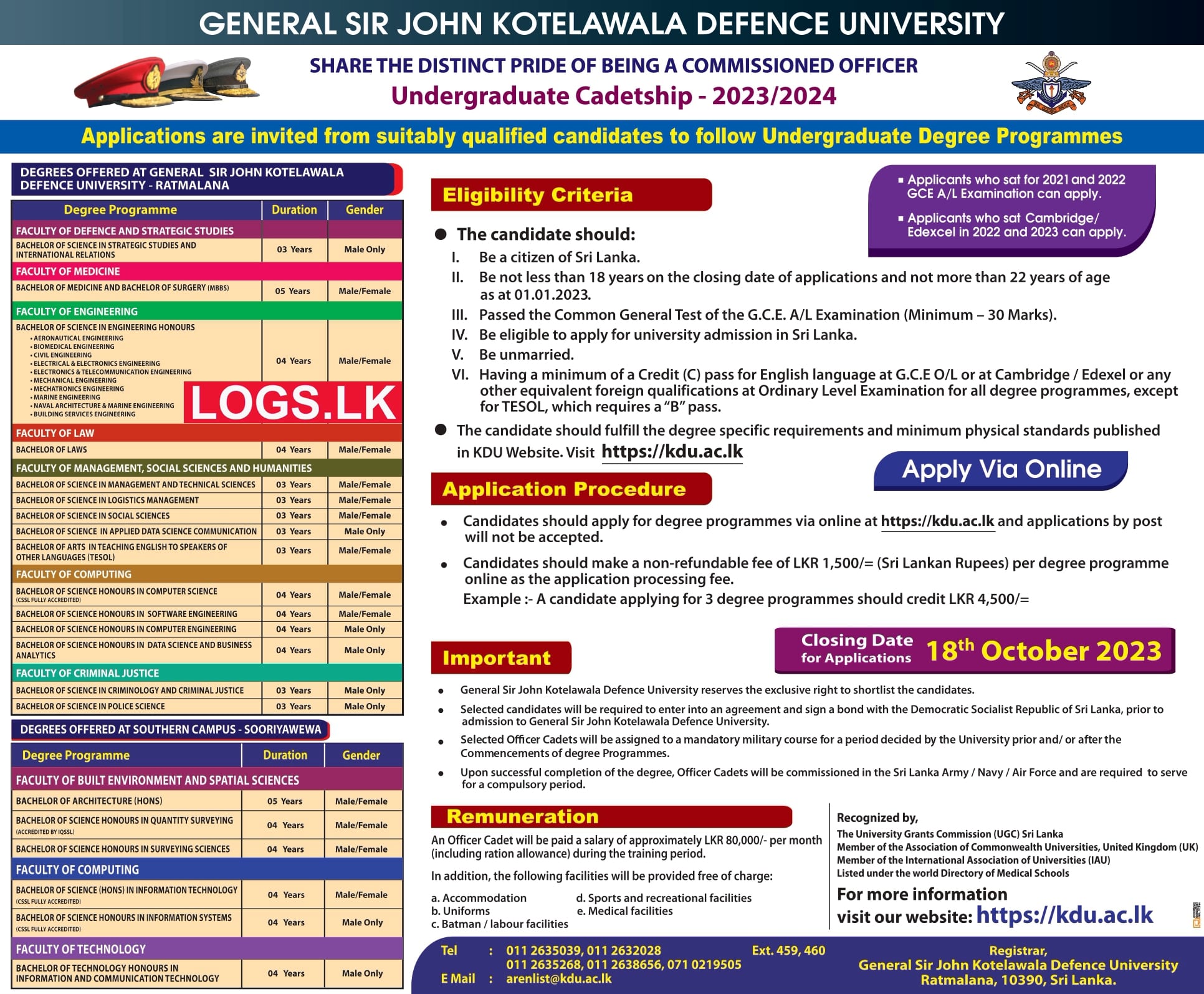 Calling Application for Undergraduate Cadetship 2023/2024 (Full Time) 2nd Batch (Re-opening) - General Sir John Kotelawala Defence University Courses