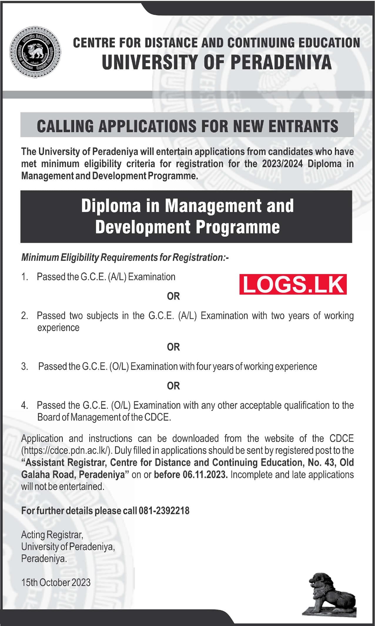 Diploma in Management and Development Programme 2024 by University of Peradeniya Application Form