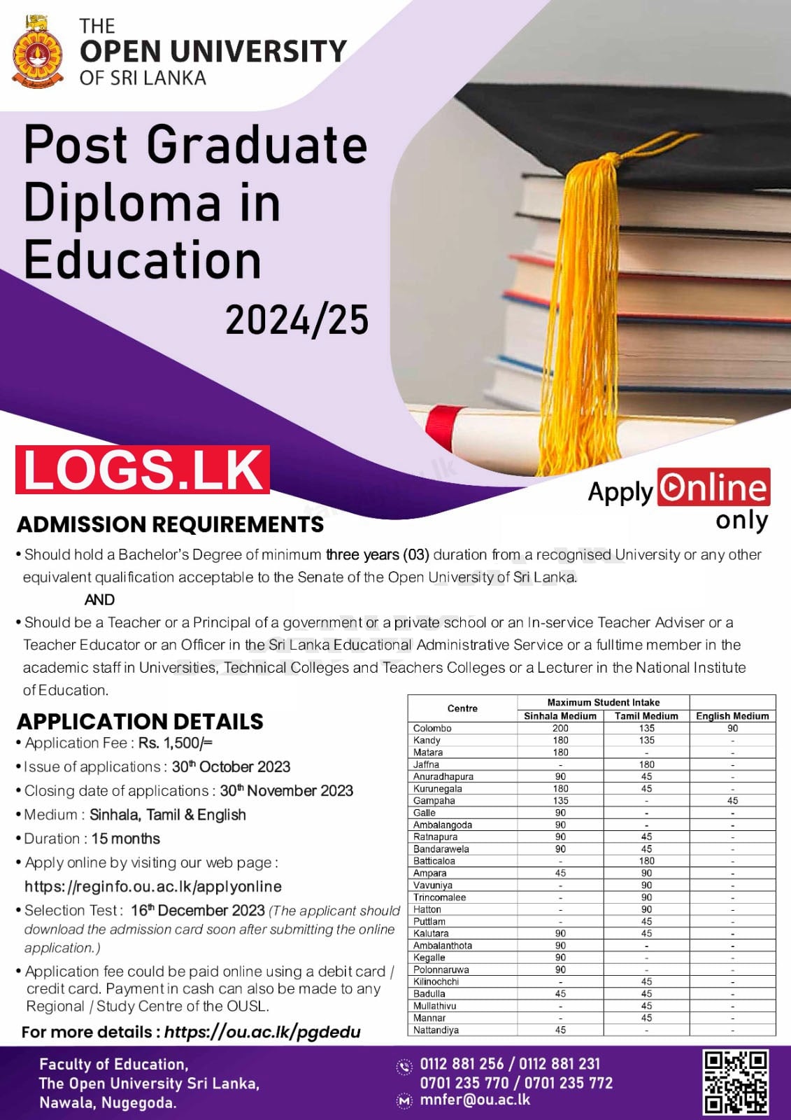 Postgraduate Diploma in Education (PGDE) Programme 2024 – Open University (OUSL) Application Form