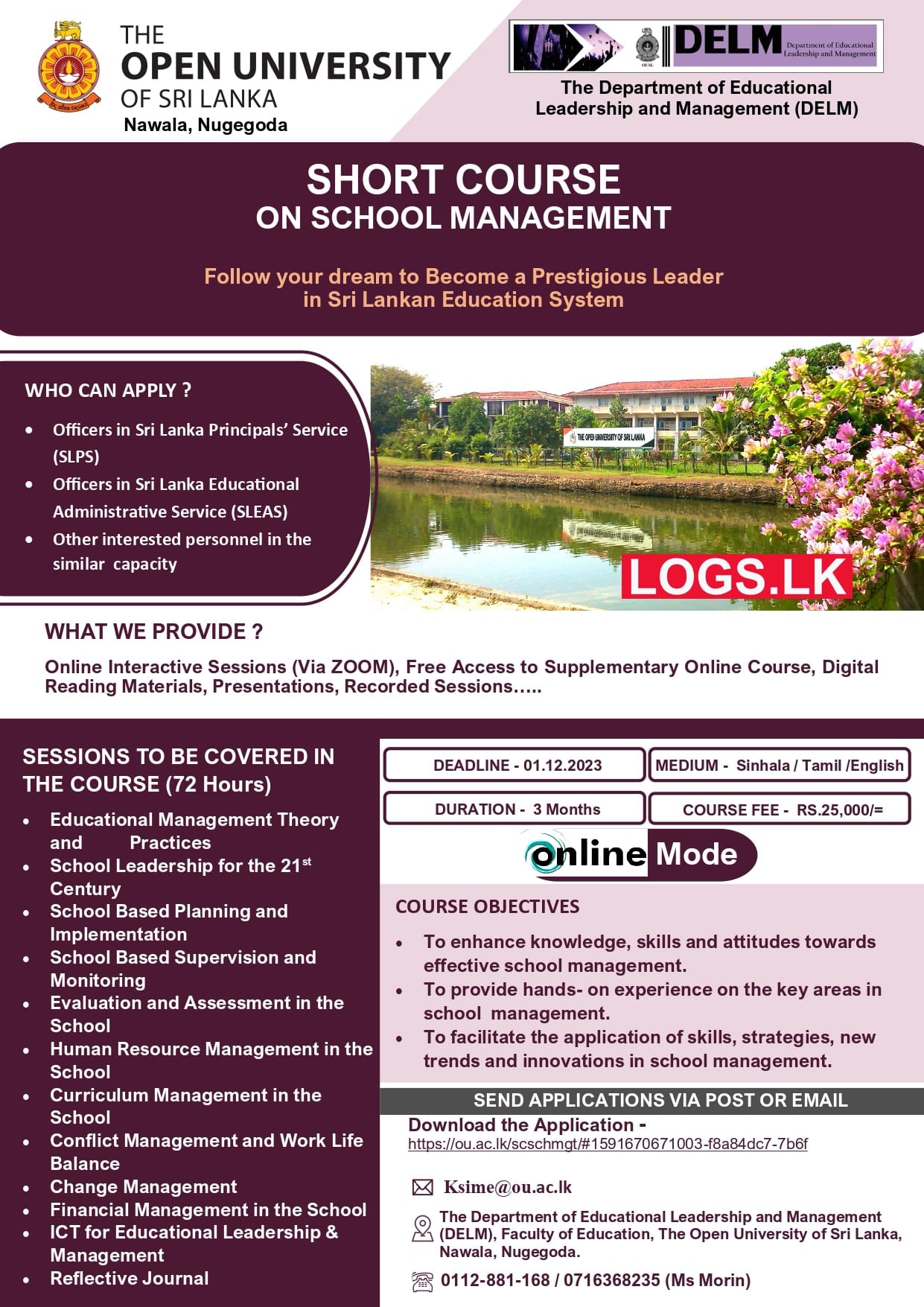 Short Course on School Management (Online) 2024 - Open University (OUSL) Application Form