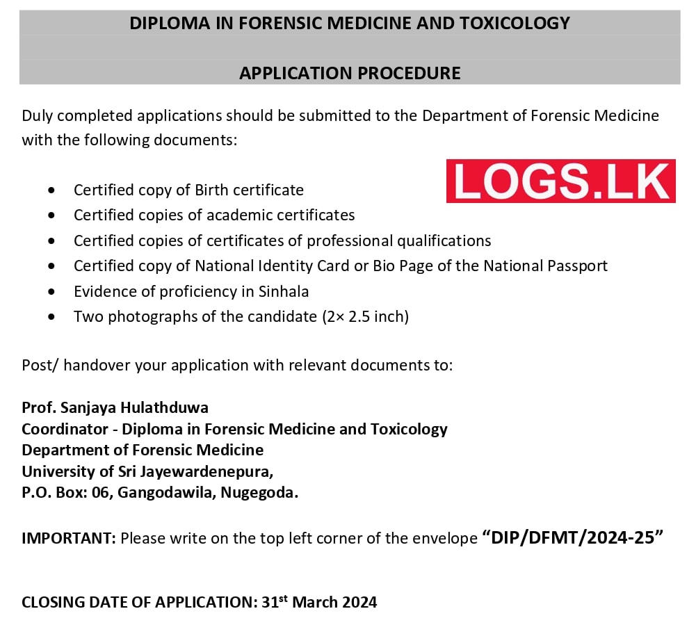 Diploma in Forensic Medicine & Toxicology 2024 - University of Sri Jayewardenepura