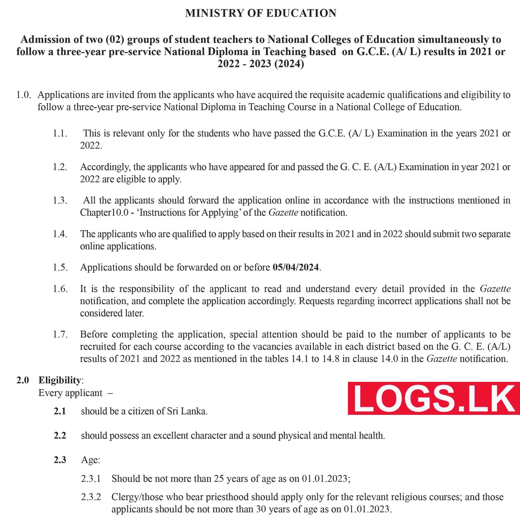 National Colleges of Education Admission 2024 – Ministry of Education Application Form, Details Download in Sinhala, Tamil, English