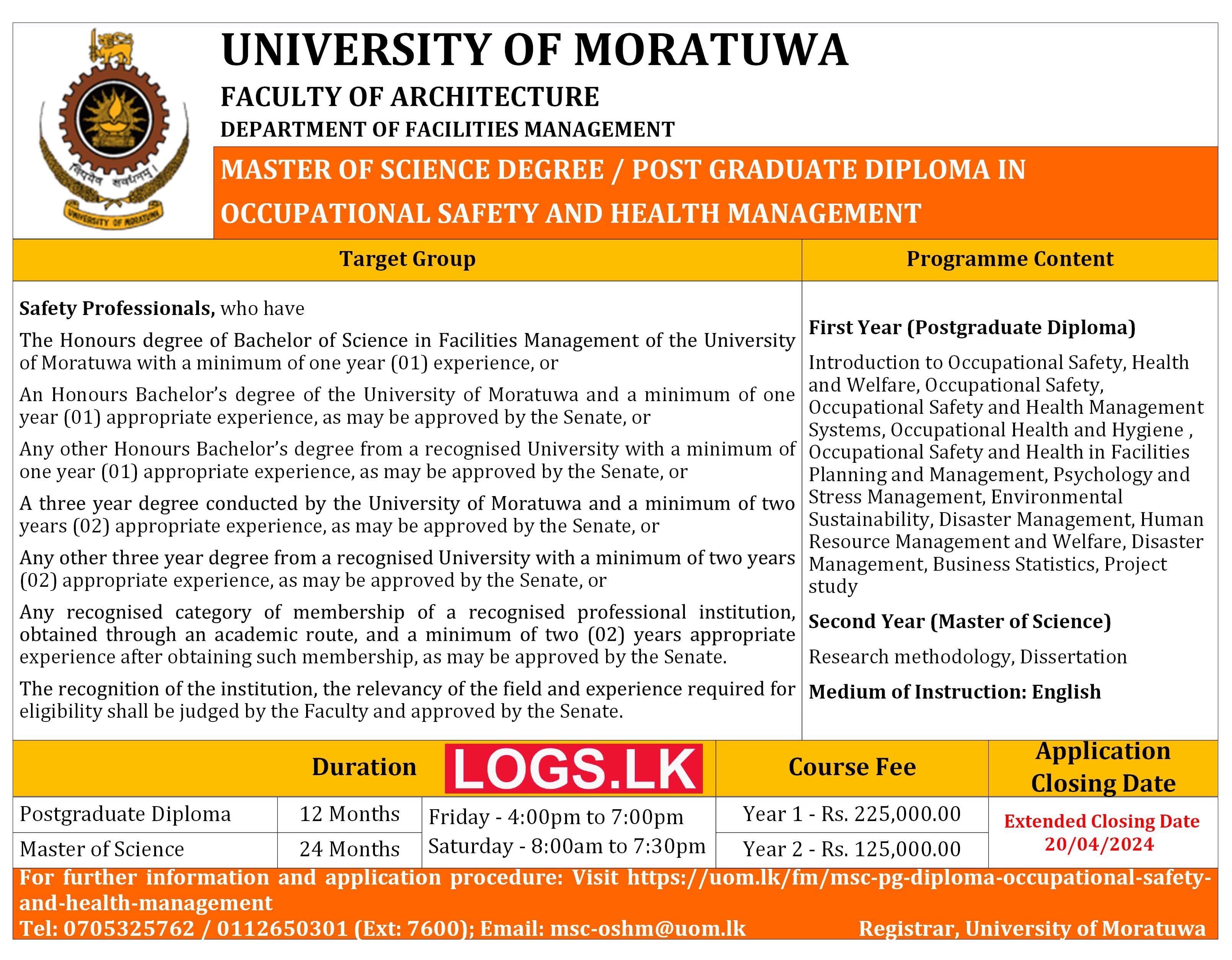MSc / PG Dip in Occupational Safety and Health Management 2024 - University of Moratuwa Application Form, Details Download