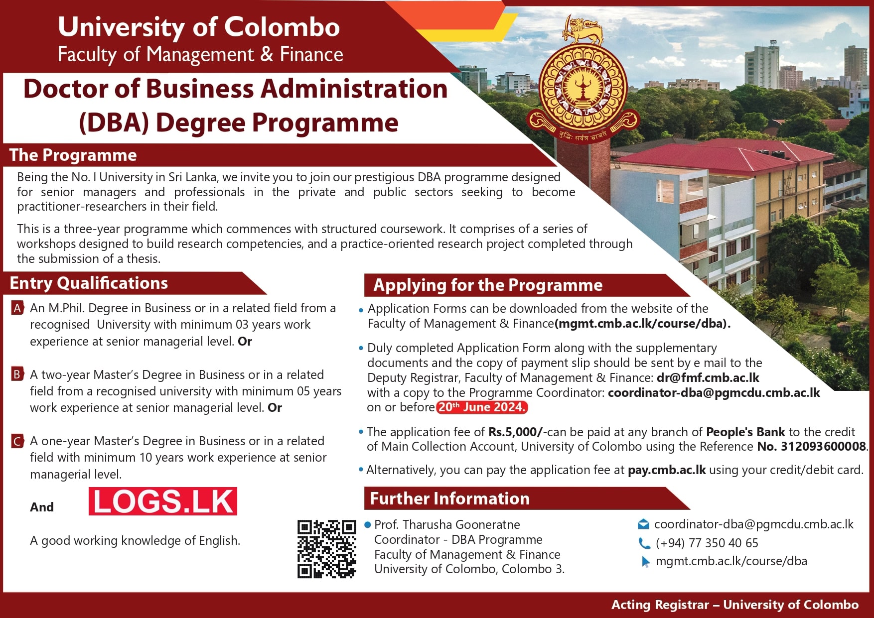 Doctor of Business Administration (DBA) Degree Programme 2024 - University of Colombo Application Form, Details Download