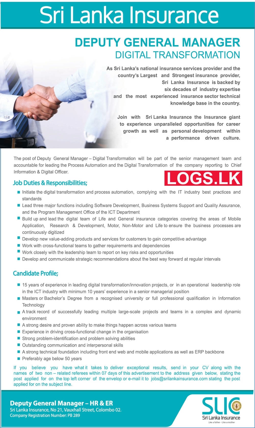 Deputy General Manager Job Vacancy at Sri Lanka Insurance Job Vacancies SLIC