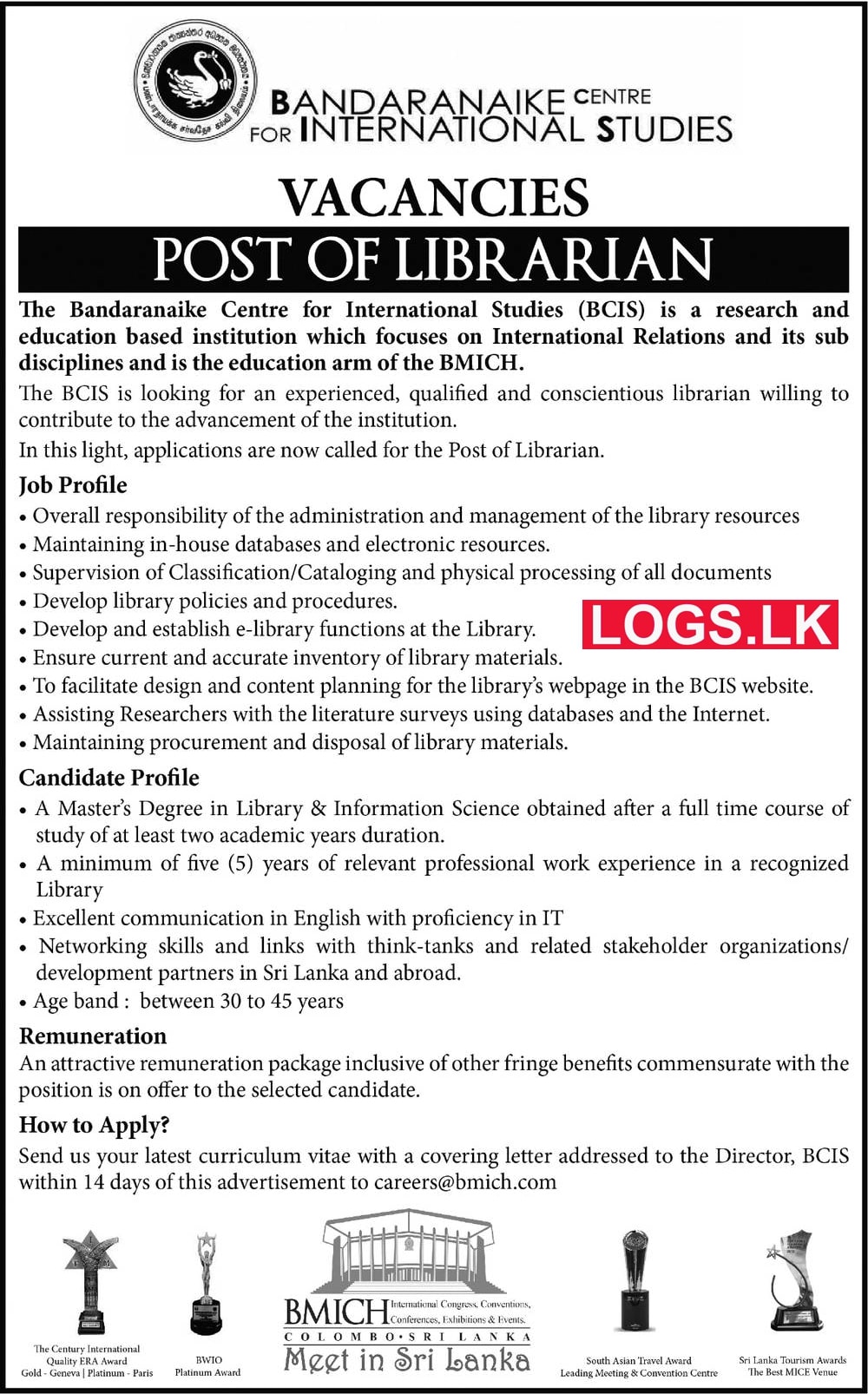 Librarian Job Vacancy at BCIS Sri Lanka Bandaranaike Center for International Studies Jobs Vacancies
