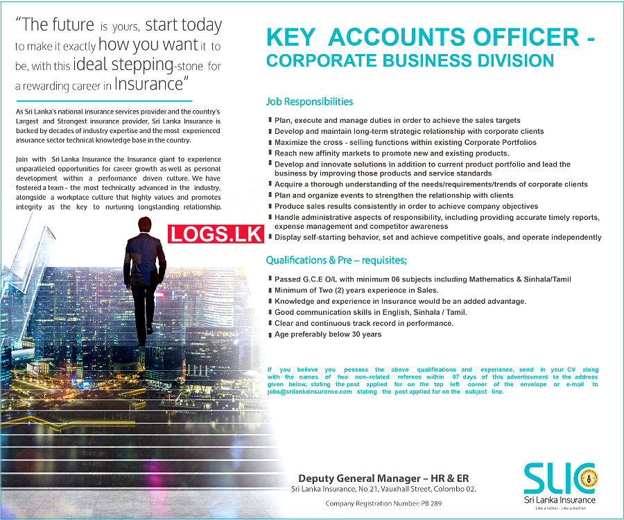 Key Account Officer - Sri Lanka Insurance Vacancies 2023 Application Form, Details Download
