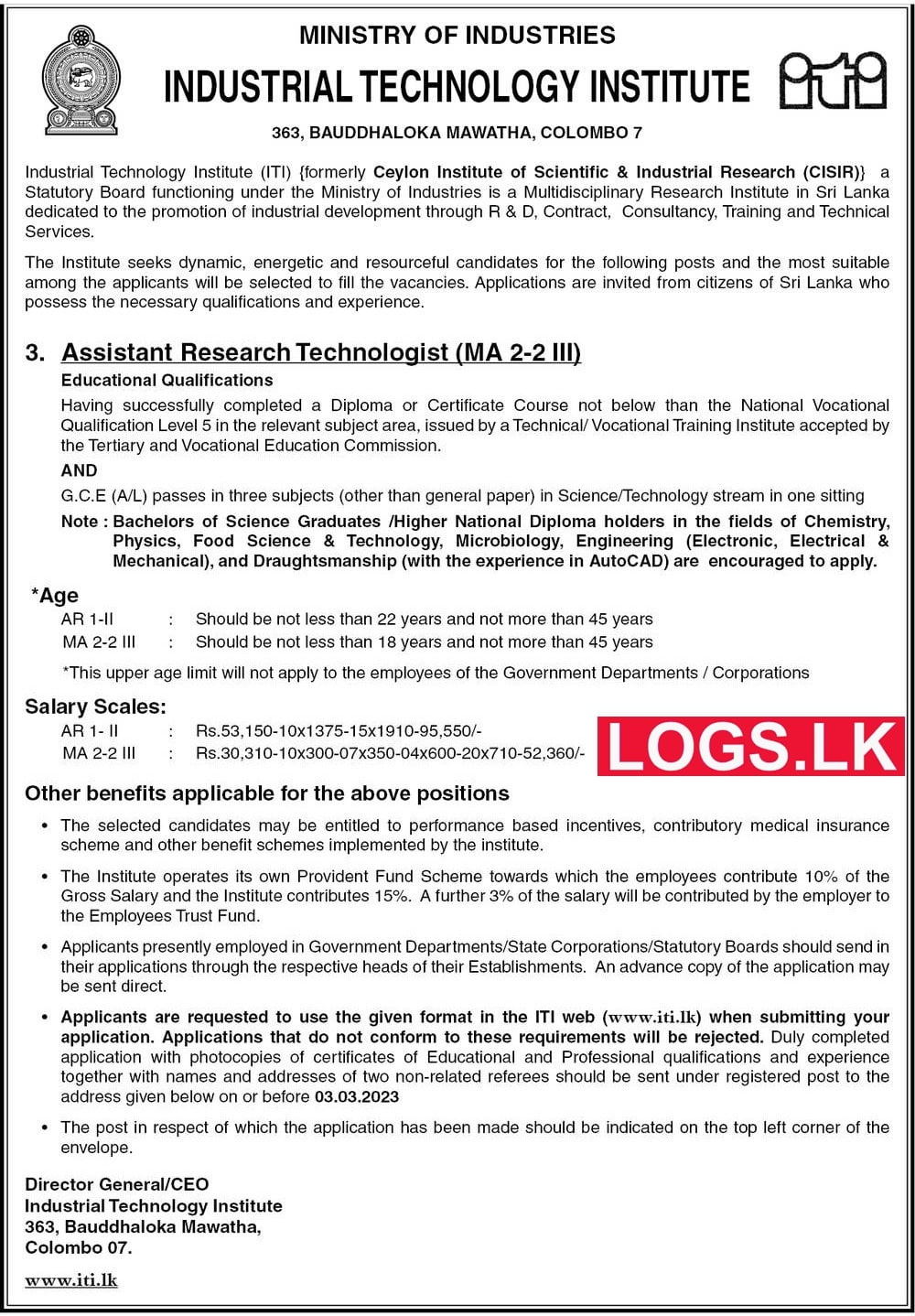 Assistant Research Technologist - Industrial Technology Institute Vacancies 2023 Application Form, Details Download