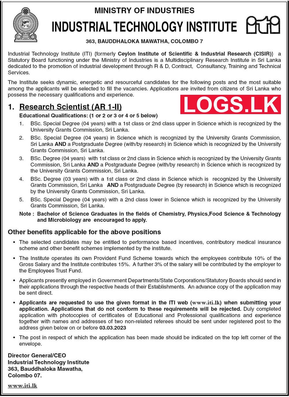 Research Scientist - Industrial Technology Institute Vacancies 2023 Application Form, Details Download