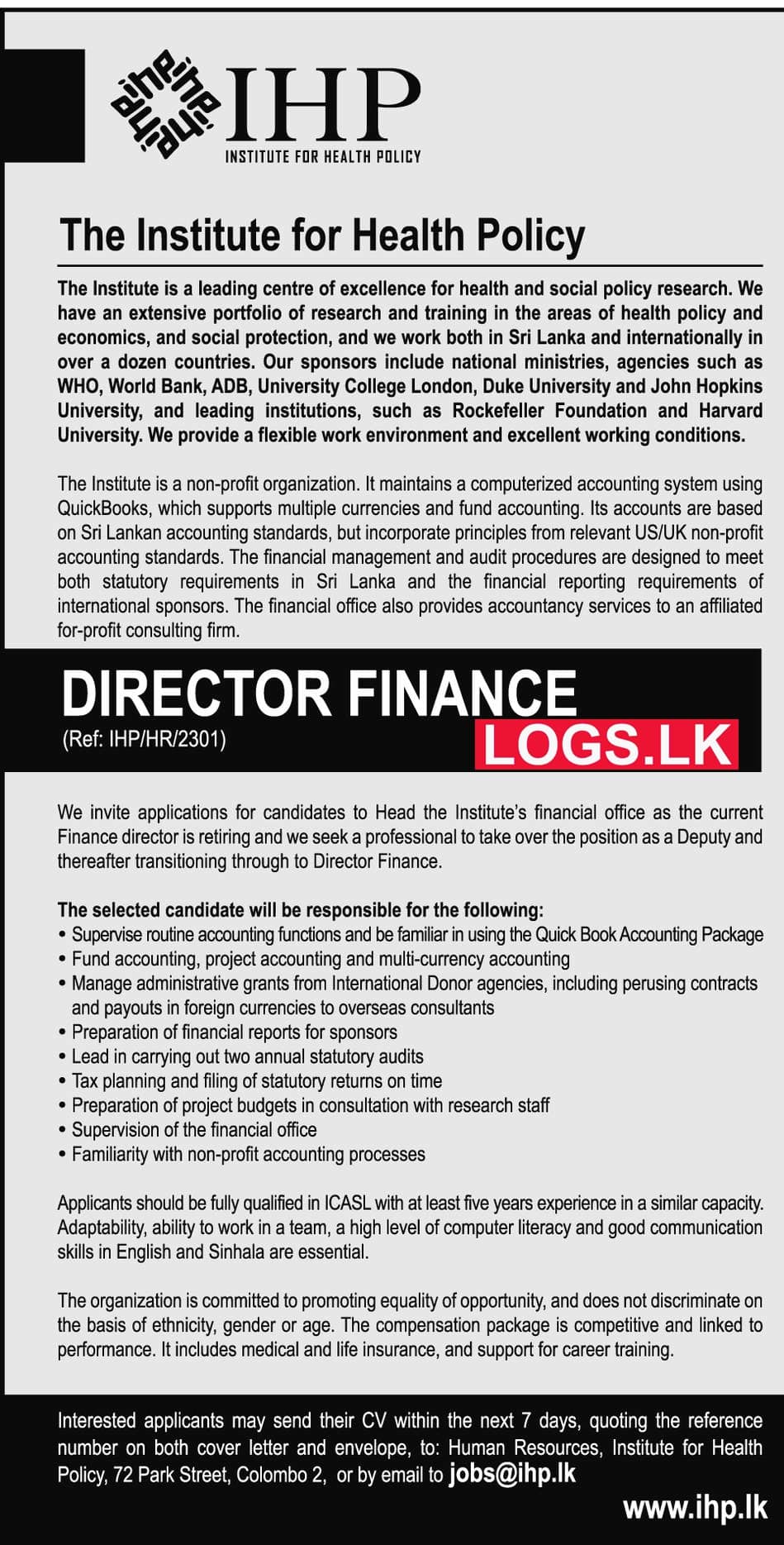 Director Finance Job Vacancy at Institute for Health Policy Job Vacancies in Sri Lanka