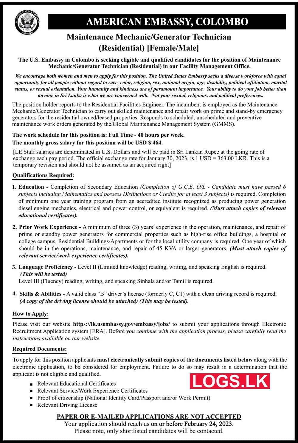 Maintenance Mechanic Job Vacancy at American Embassy Job Vacancies Application, Details Download