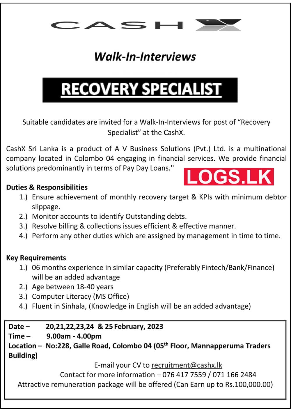 Recovery Specialist Job Vacancy Interview at CashX Sri Lanka Job Vacancies Application