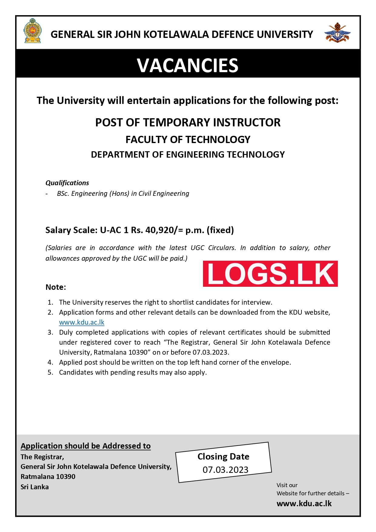 Temporary Instructor - Faculty of Technology KDU Vacancies 2023 Application, Details Download