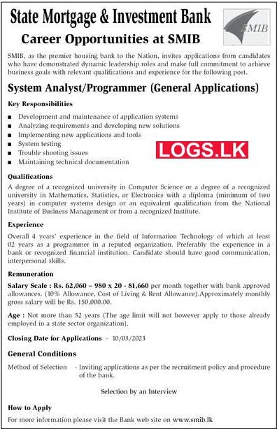 System Analyst / Programmer - SMIB Bank Job Vacancies 2023 Application, Details Download