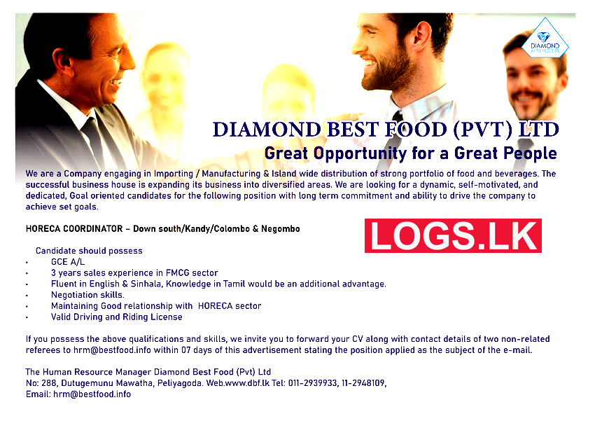 Horeca Coordinator Job Vacancy at Diamond Best Foods (Pvt) Ltd Job Vacancies