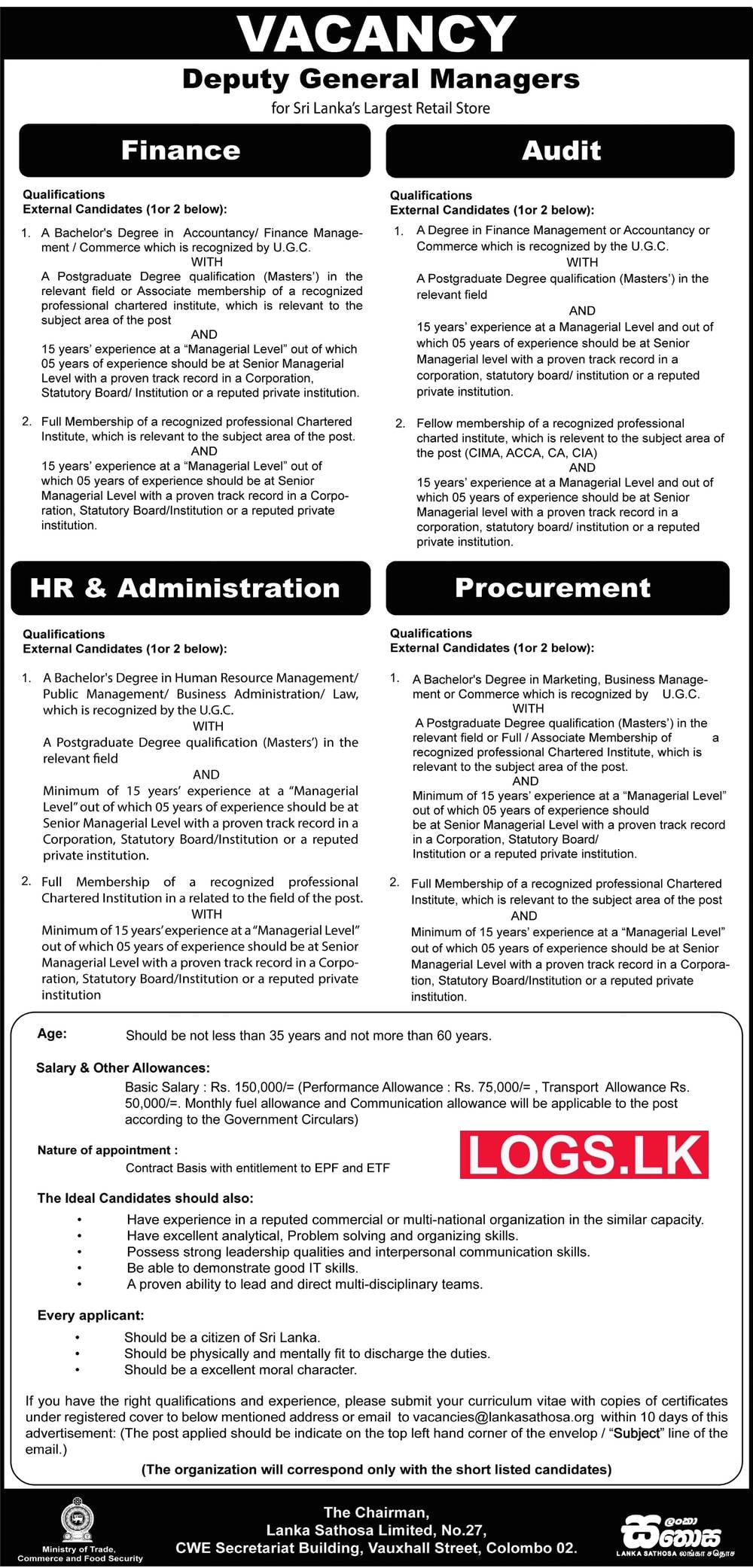 Deputy General Managers - Lanka Sathosa Vacancies 2023 Application Form, Details Download