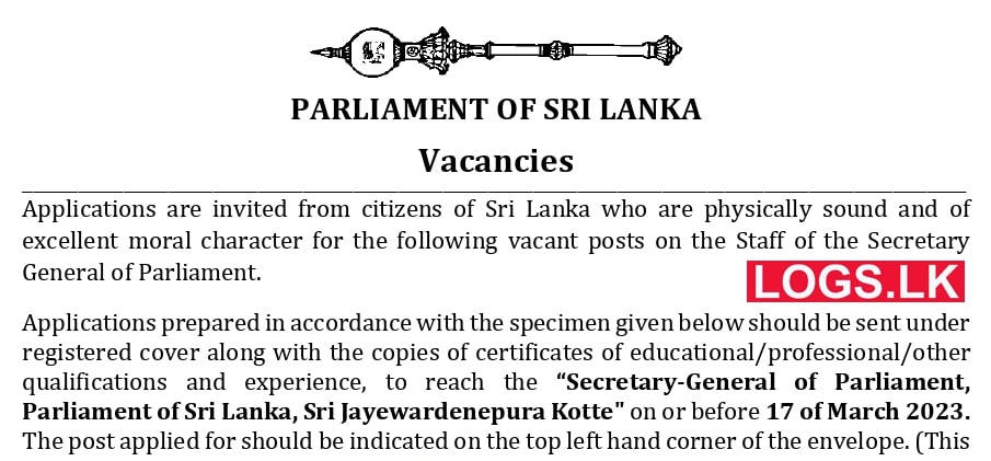 Sri Lanka Parliament Job Vacancies 2023 Receptionist, Security Officer, Mason, Carpenter, Painter, Pipe Line Cleaner and Plumber
