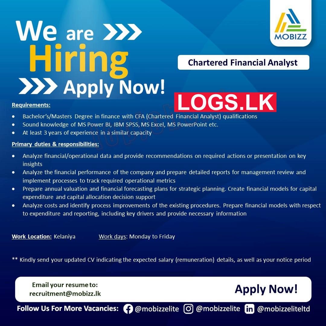 Chartered Financial Analyst Job Vacancy at Mobizz Elite (Pvt) Ltd Job Vacancies