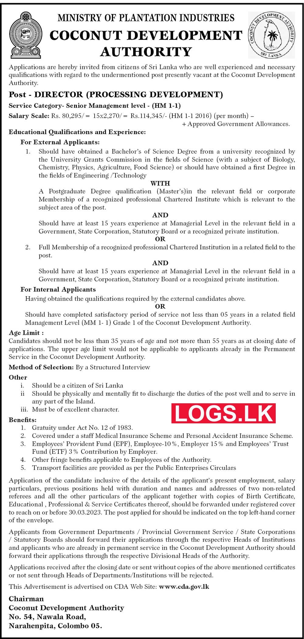 Director - Coconut Development Authority Vacancies 2023 Sri Lanka Jobs Application, Details Download