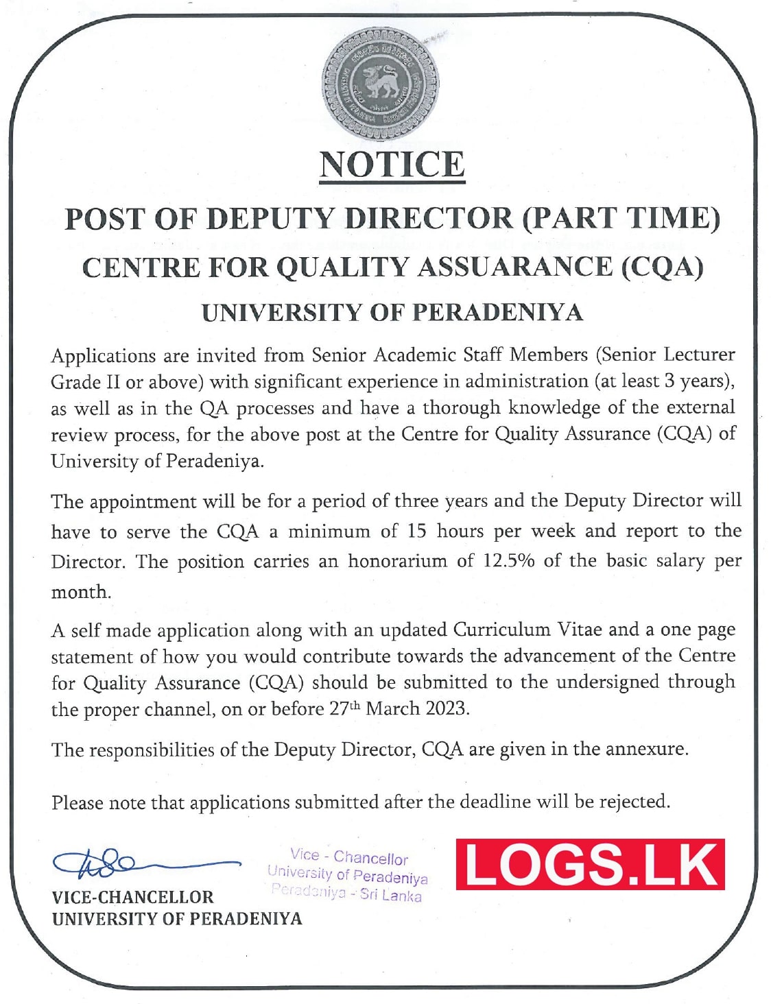 Deputy Director (CQA) - University of Peradeniya Vacancies 2023 Application, Details Download