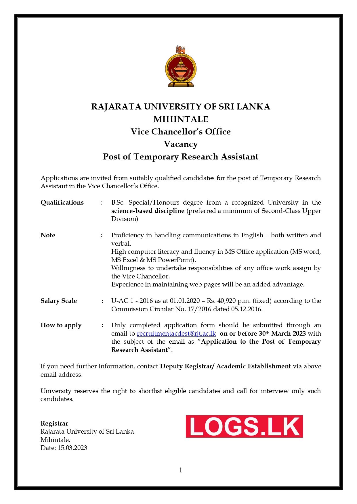 Temporary Research Assistant - Rajarata University of Sri Lanka Vacancies 2023 Application Form, Details Download