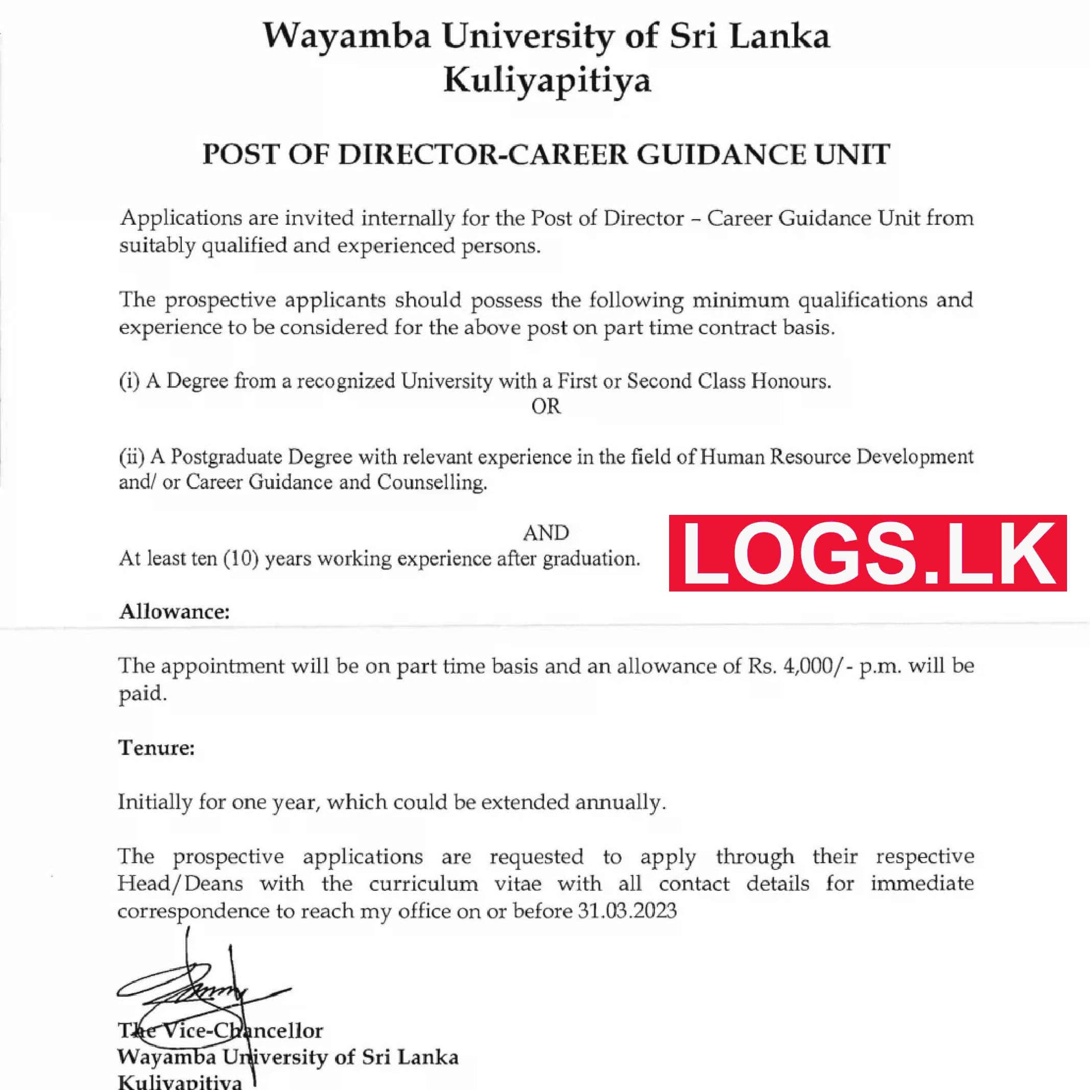 Director (Career Guidance Unit) - Wayamba University of Sri Lanka Vacancies 2023 Application, Details Download