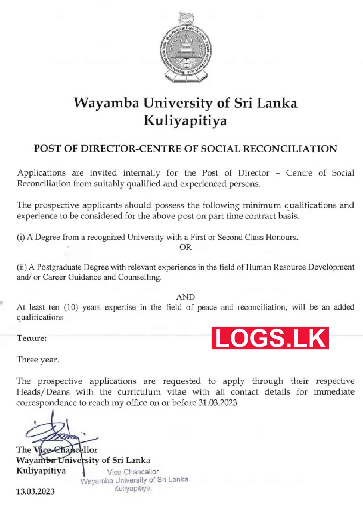 Director (Center for Social Reconciliation) - Wayamba University of Sri Lanka Vacancies 2023 Application Form