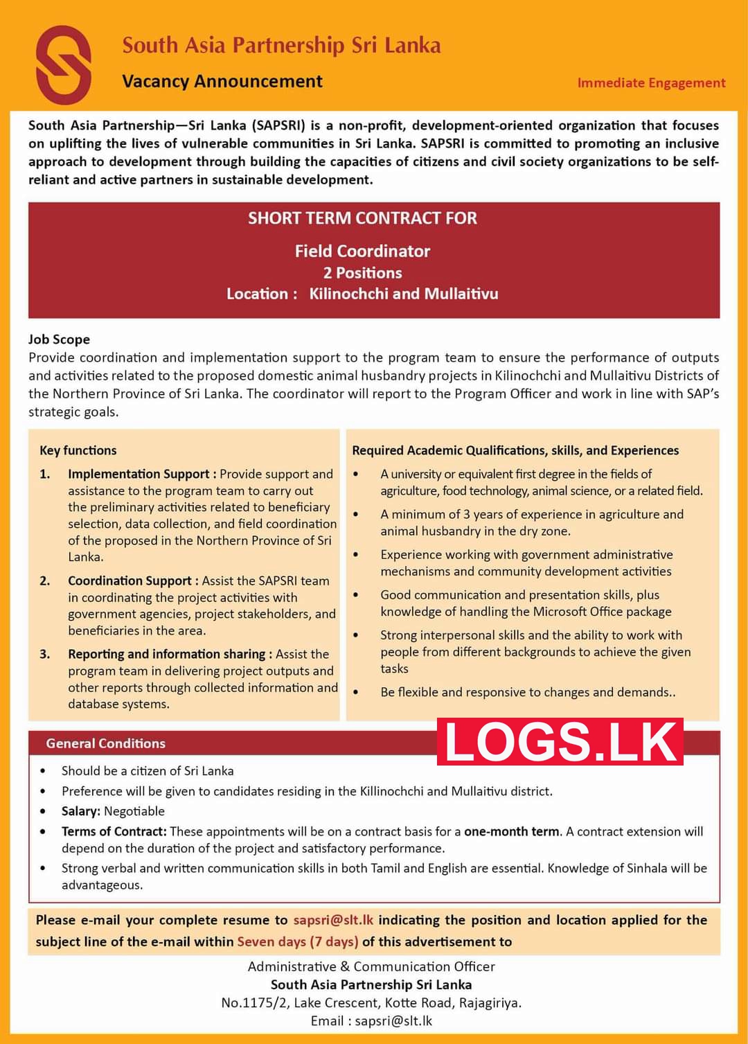 Field Coordinator - South Asia Partnership Job Vacancies 2023 Application, Details Download