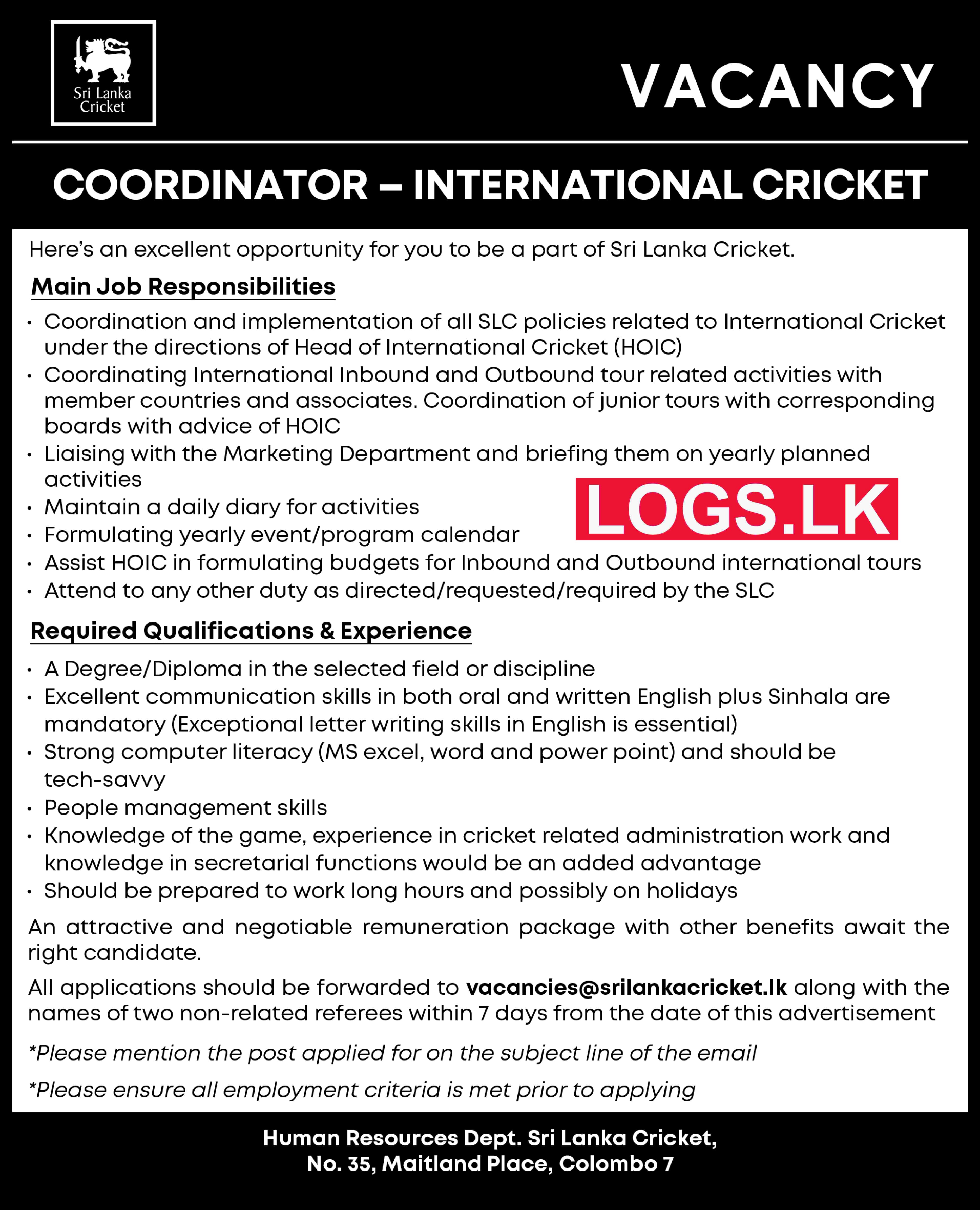 Coordinator - Sri Lanka Cricket Job Vacancies 2023 Application, Details Download
