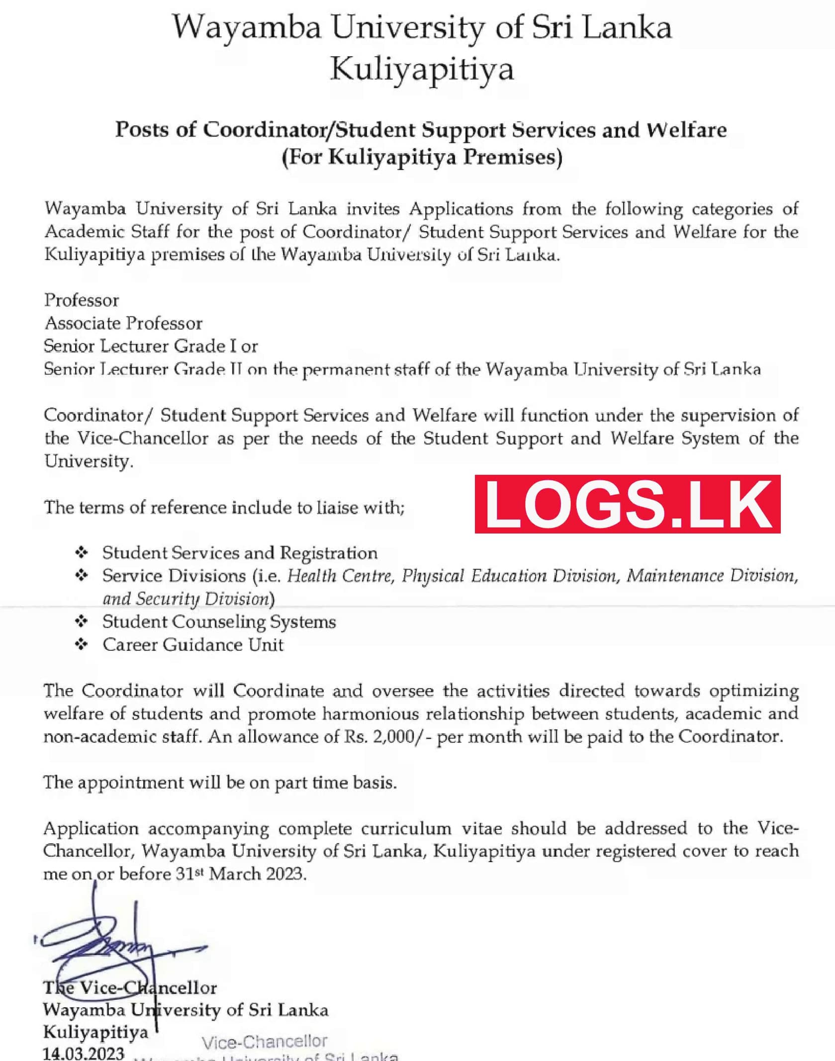 Coordinator - Wayamba University of Sri Lanka Vacancies 2023 Application, Details Download
