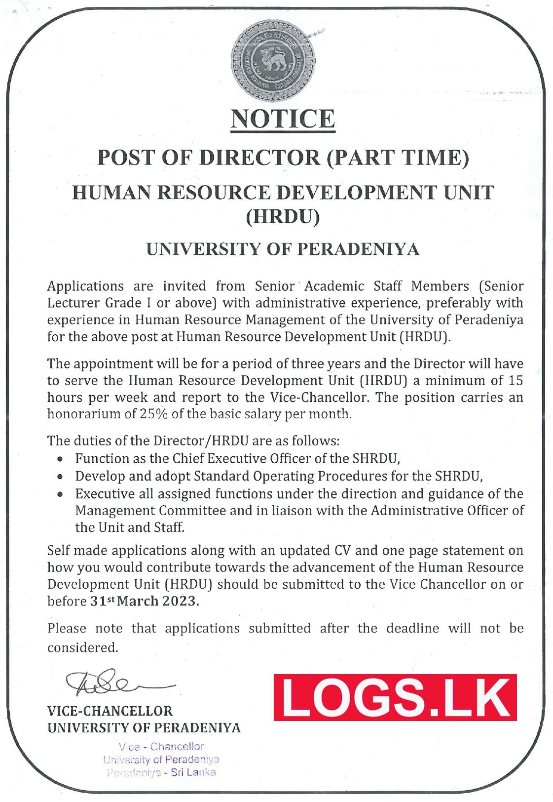 Director (HRDU) - University of Peradeniya Vacancies 2023 Application Form, Details Download