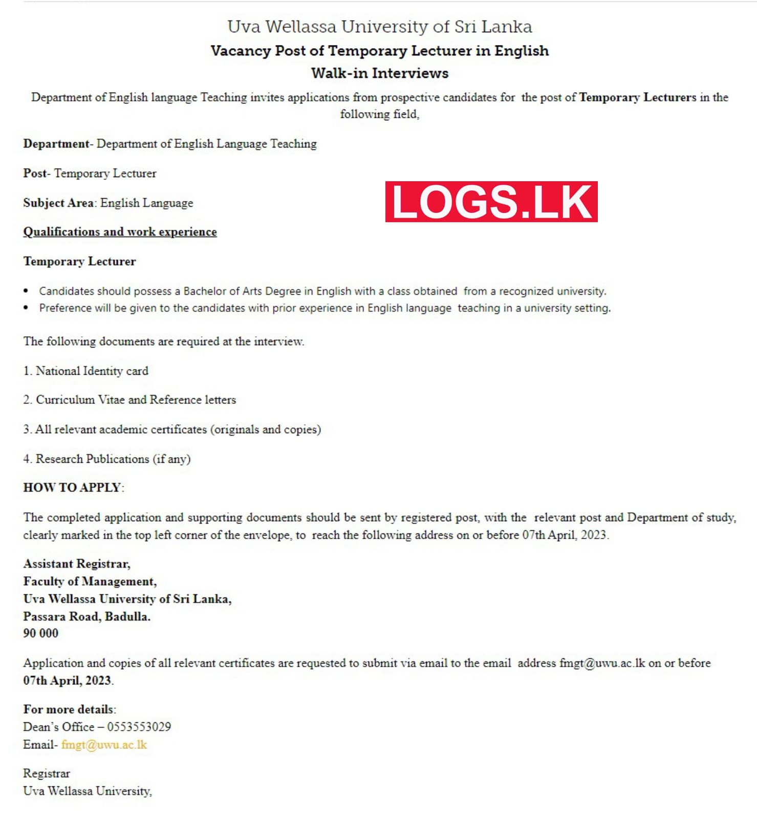 Temporary Lecturer - Uva Wellassa University Job Vacancy 2023 Application Form, Details Download
