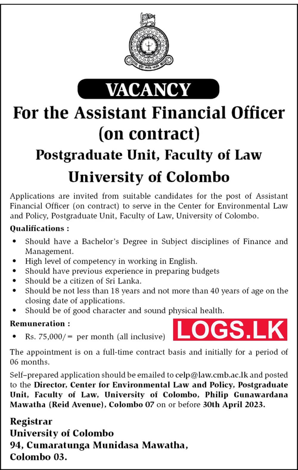 Assistant Financial Officer - University of Colombo Vacancies 2023 Application, Details Download