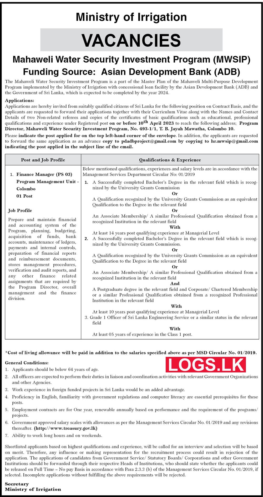Finance Manager - Ministry of Irrigation Vacancies 2023 Application Form, Details Download