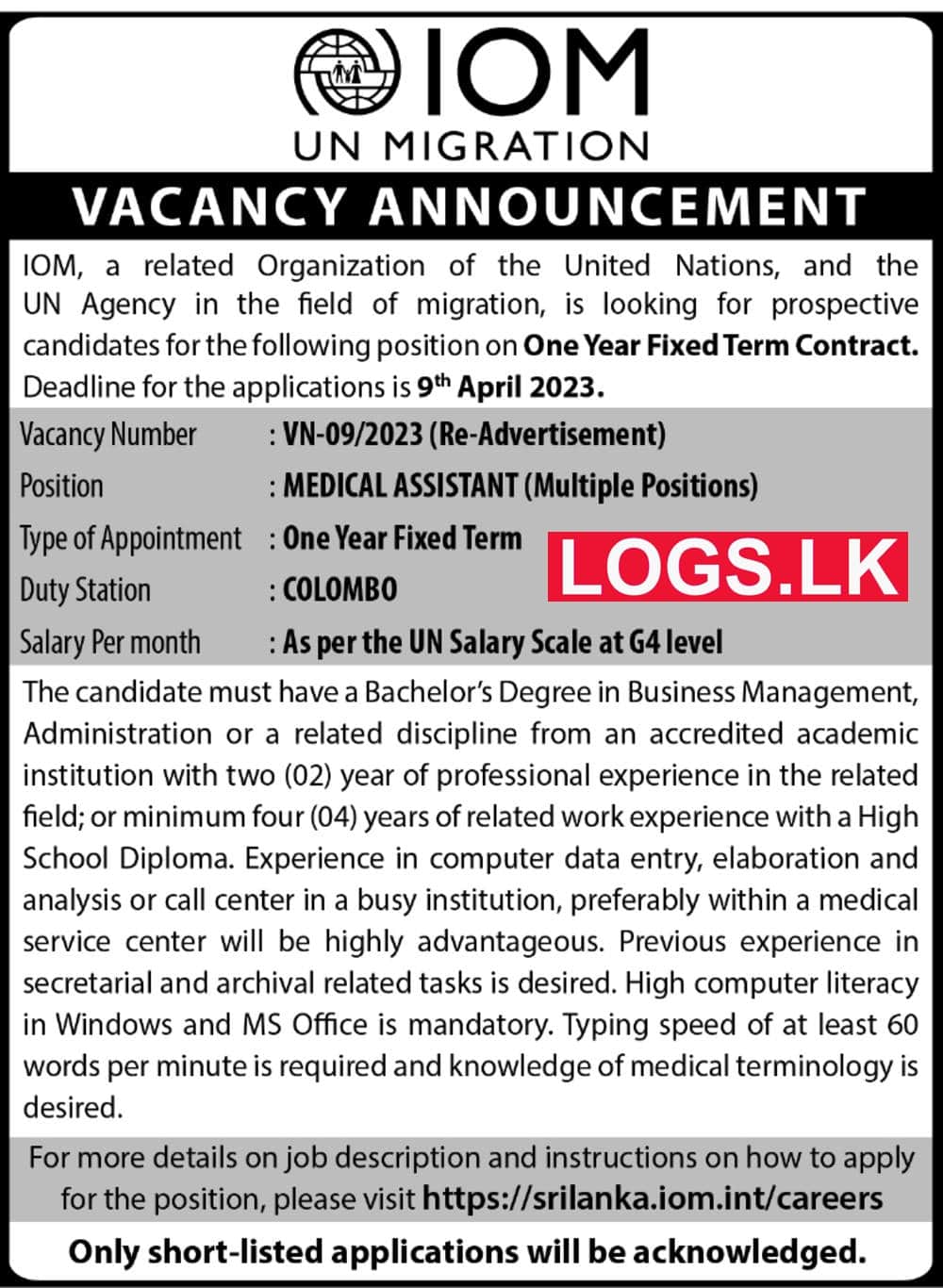 Medical Assistant (Multiple Positions) - IOM Job Vacancies 2023 Application Form, Details Download
