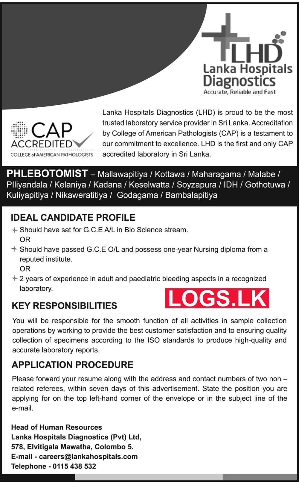 Phlebotomy - Lanka Hospital Diagnostics Vacancies Application, Details Download