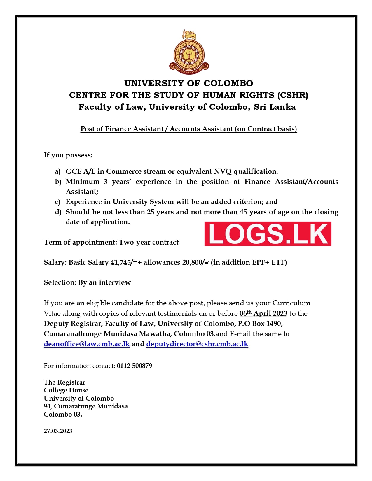 Accounts Assistant - University of Colombo Vacancies 2023 Application, Details Download